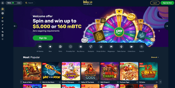 winz casino website screen