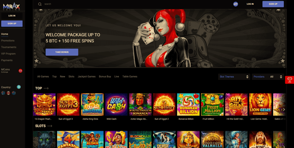 mirax casino website screen