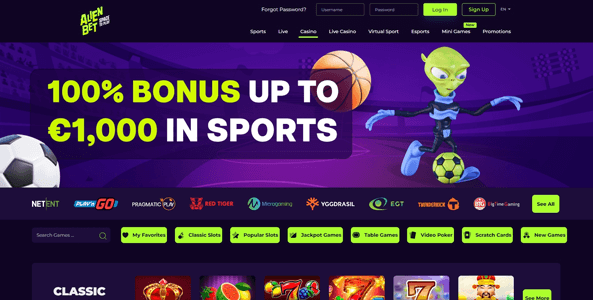 alienbet casino website screen