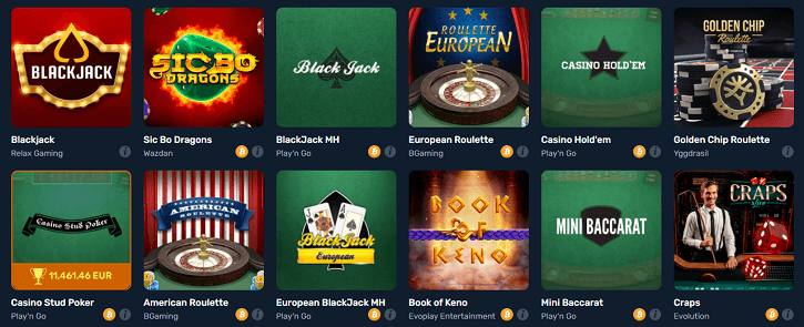 winz casino table games