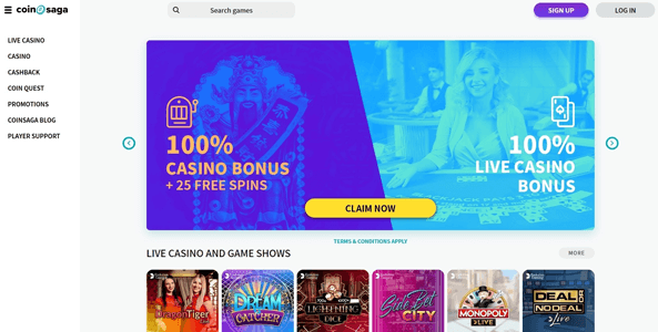 coinsaga casino website screen