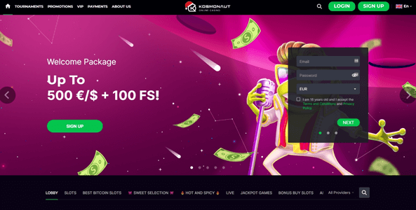 kosmonaut casino website screen