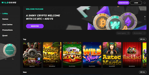 wildcoins casino website screen