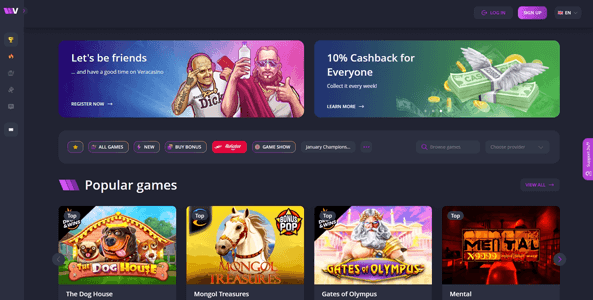 vera casino website screen