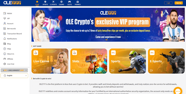 ole777 casino website screen