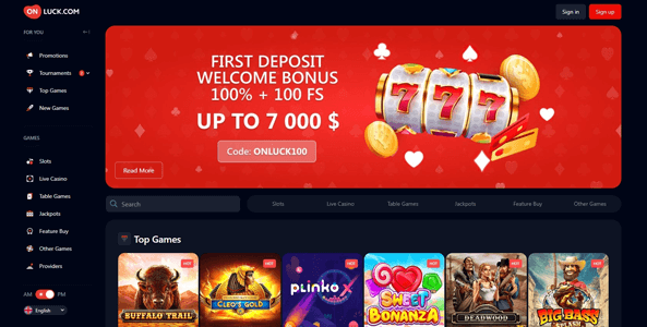 onluck casino website screen