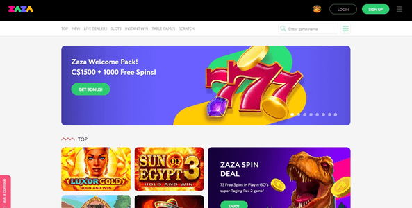 zaza casino website screen