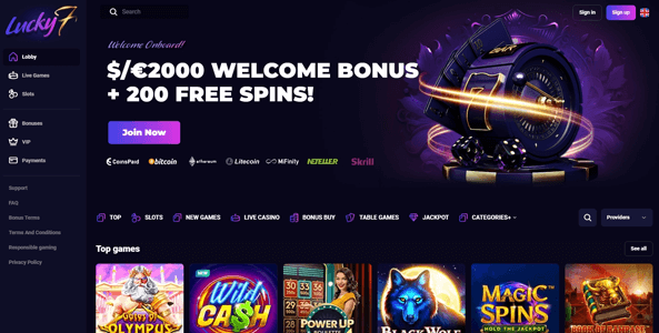lucky7even casino website screen