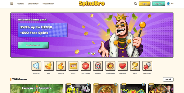 spinsbro casino website screen