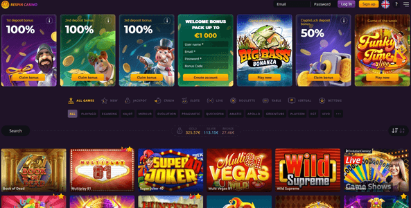 respin casino website screen