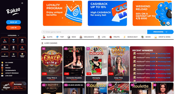 rakoo casino website screen