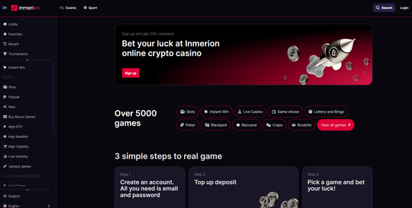 inmerion casino website screen